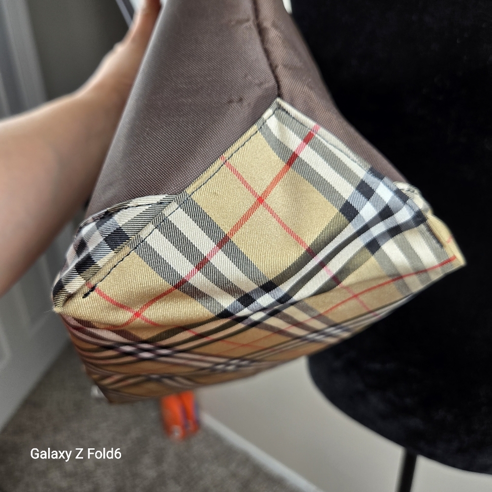 Burberrys Blue Label Nylon Plaid Trim Tote Bag Brown Japan Exclusive Discontinue - Picture 4 of 16